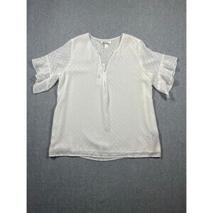 Renuar Pullover Blouse Top Medium Ivory Ruffle Sleeve V-Neck Swiss Dot NWT